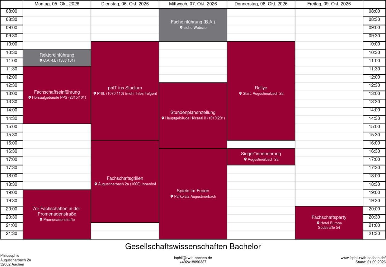 Tabelle des Stundenplanes der Erstiwoche 2026. Die einzelnen Veranstaltungen sind weiter unten aufgeführt.